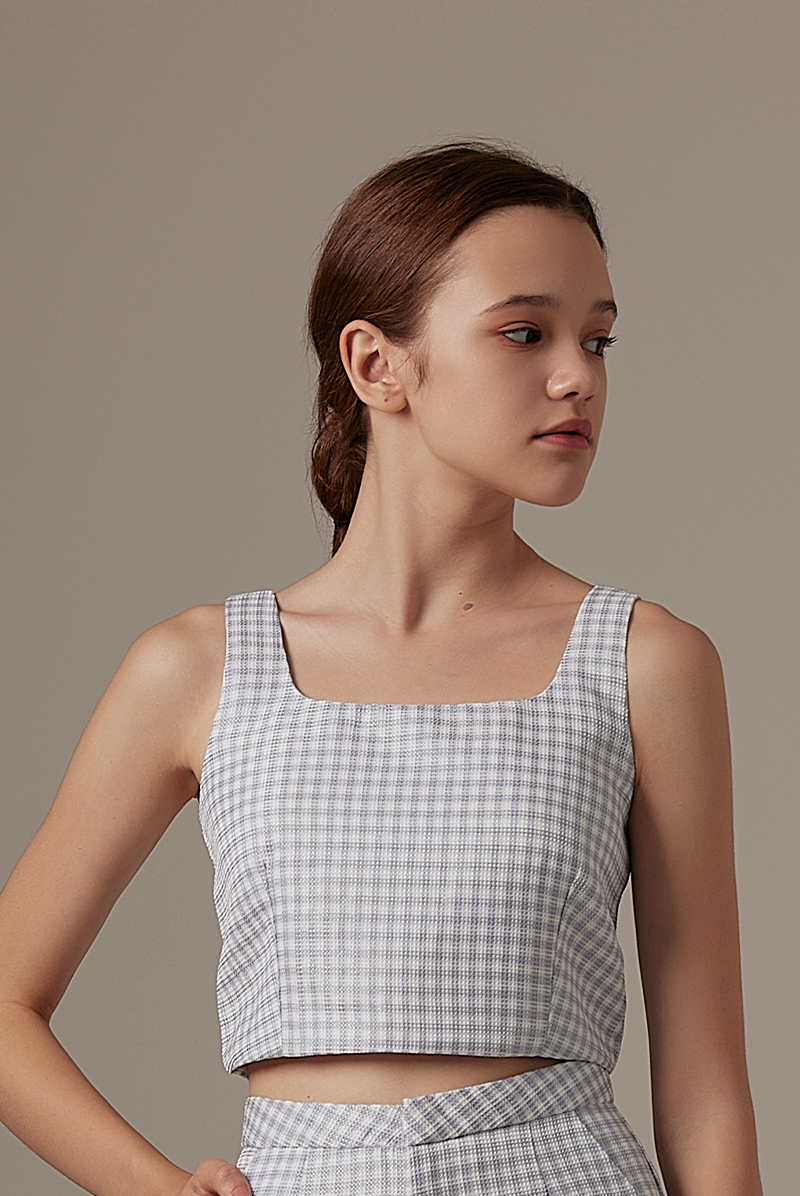 Tania Checkered Tweed Cami in Dusty Blue