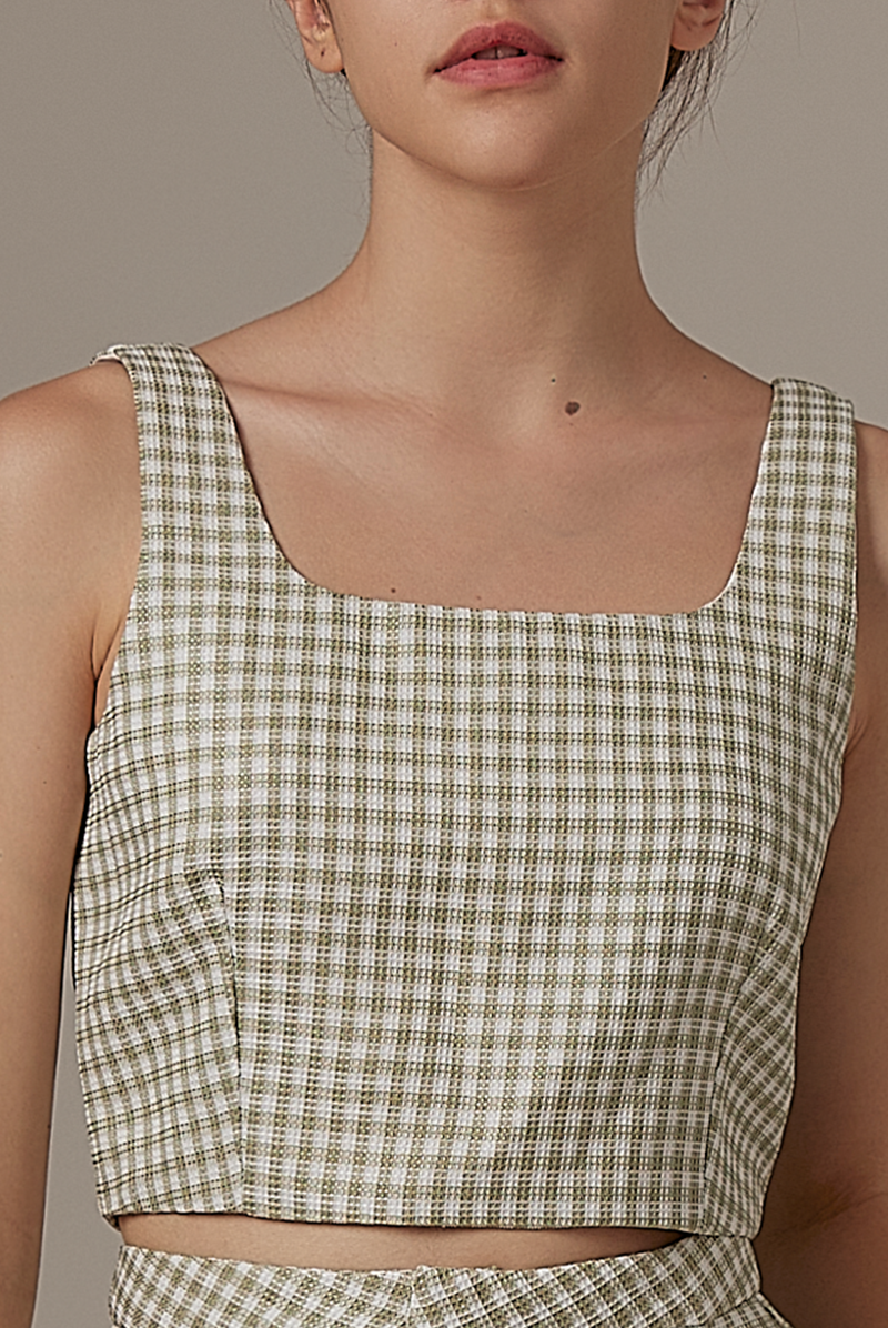Tania Checkered Tweed Cami in Sage Green