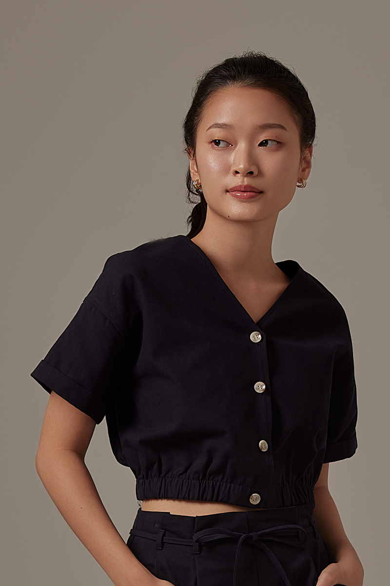 Nadra Elasticated Top in Navy Blue