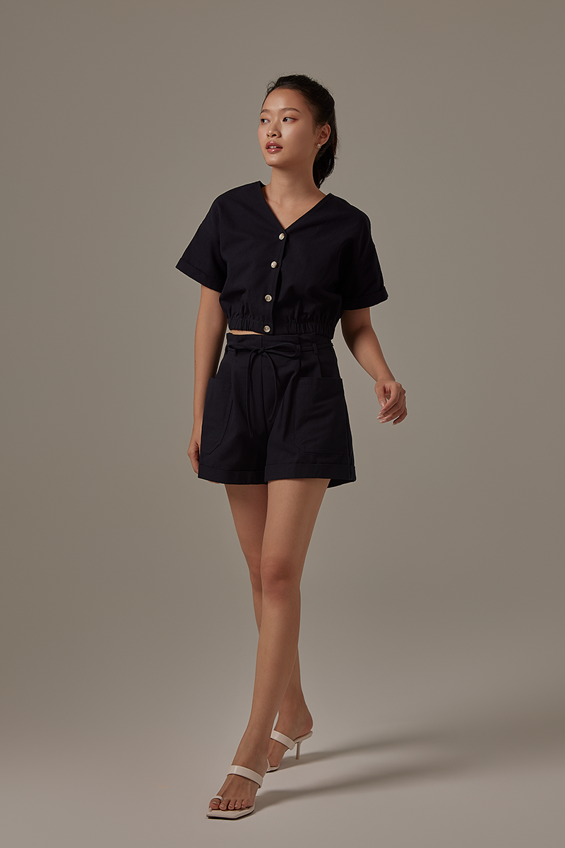 Nadra Elasticated Top in Navy Blue