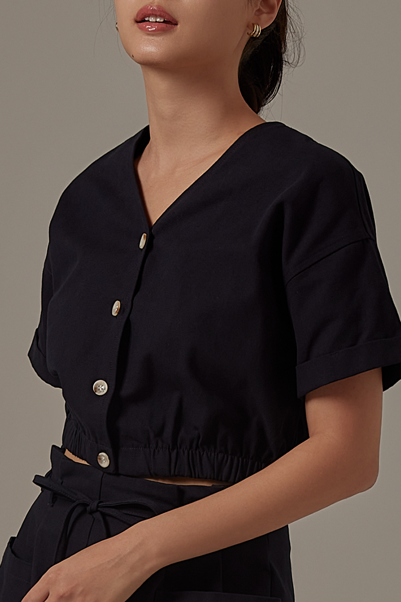 Nadra Elasticated Top in Navy Blue