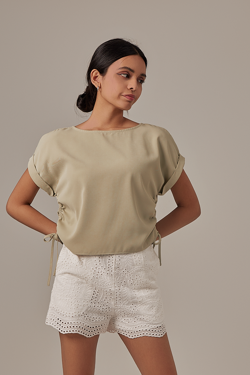 Ovena Side Drawstring Top in Sage Green