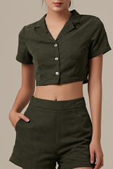 Camilyn Button Down Crop Top in Army Green