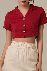 Camilyn Button Down Crop Top in Cherry