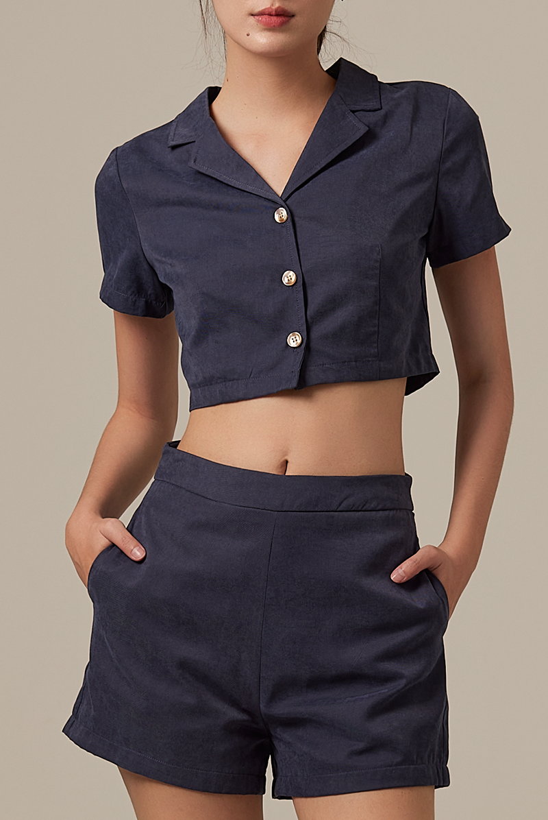 Camilyn Button Down Crop Top in Navy Blue