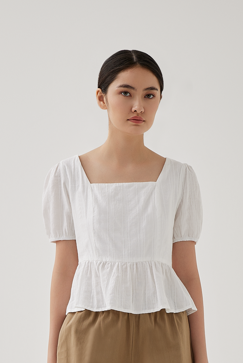 Elsie Embroidery Peplum Top in White