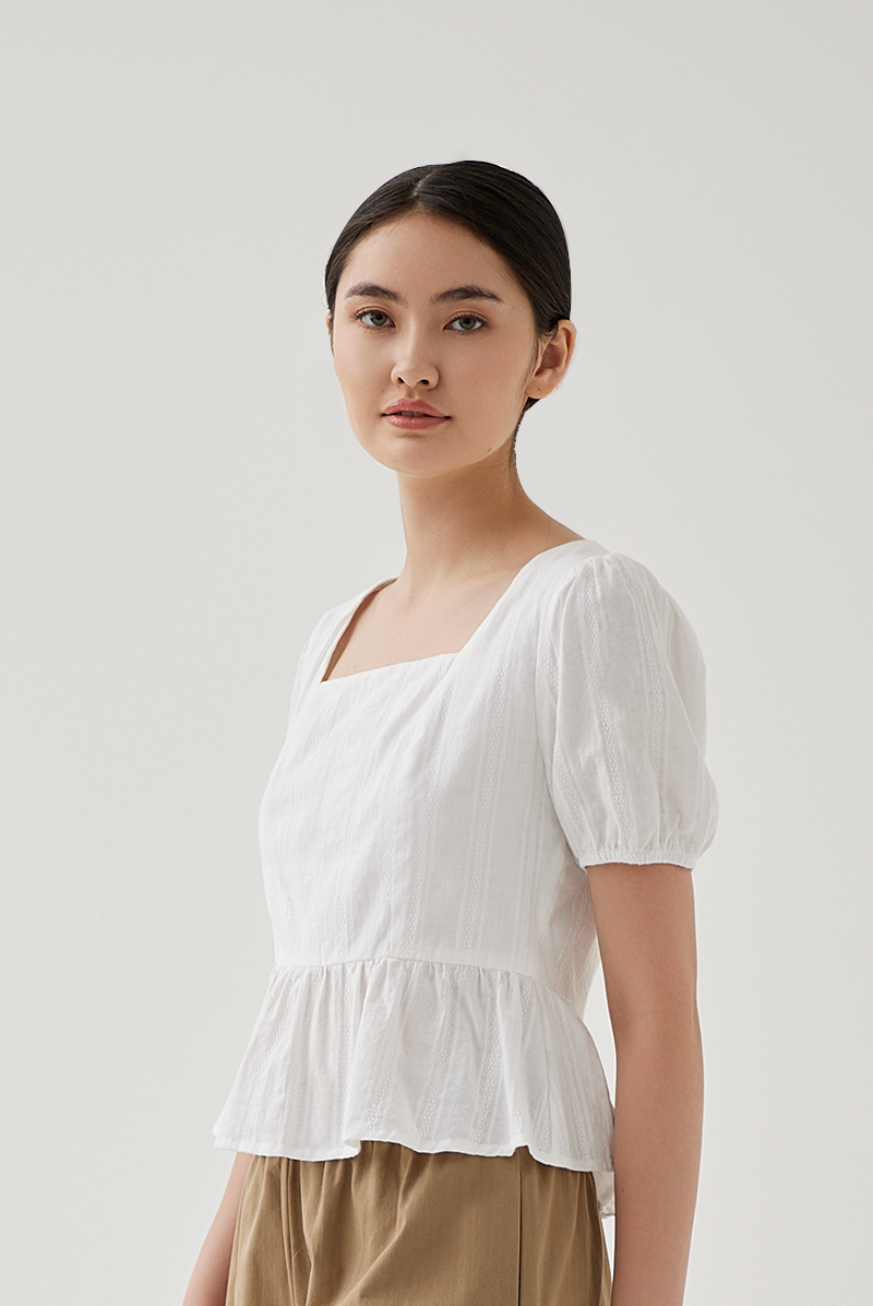 Elsie Embroidery Peplum Top in White