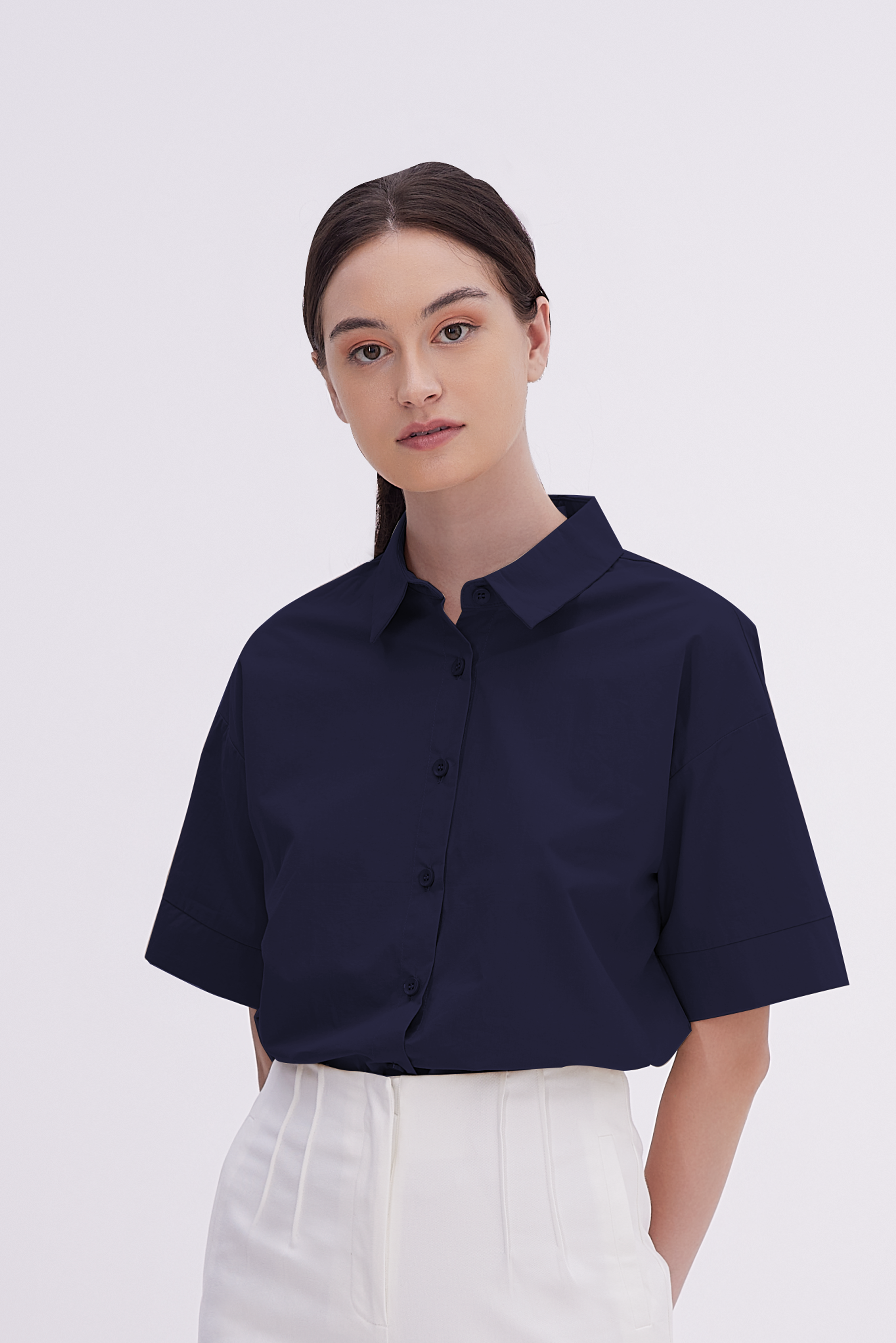 Aasha Drop Shoulder Boxy Shirt in Navy Blue