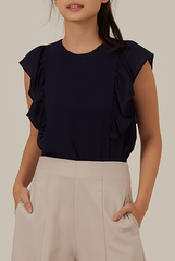 Vivalyn Flutter Sleeves Top in Navy Blue