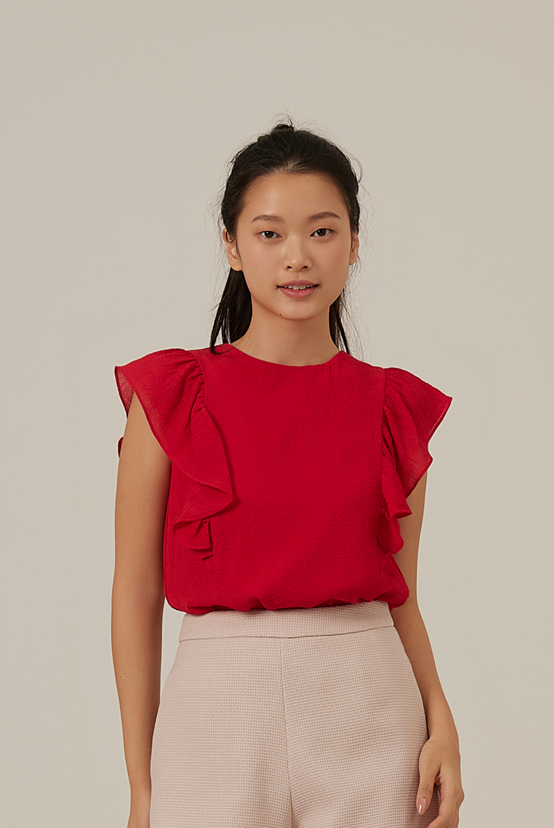 Vivalyn Flutter Sleeves Top in Red