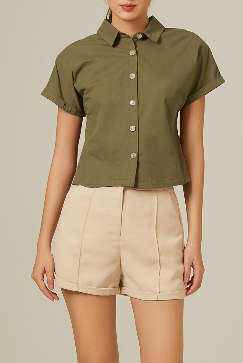 Terecia Collared Button Down Top in Olive