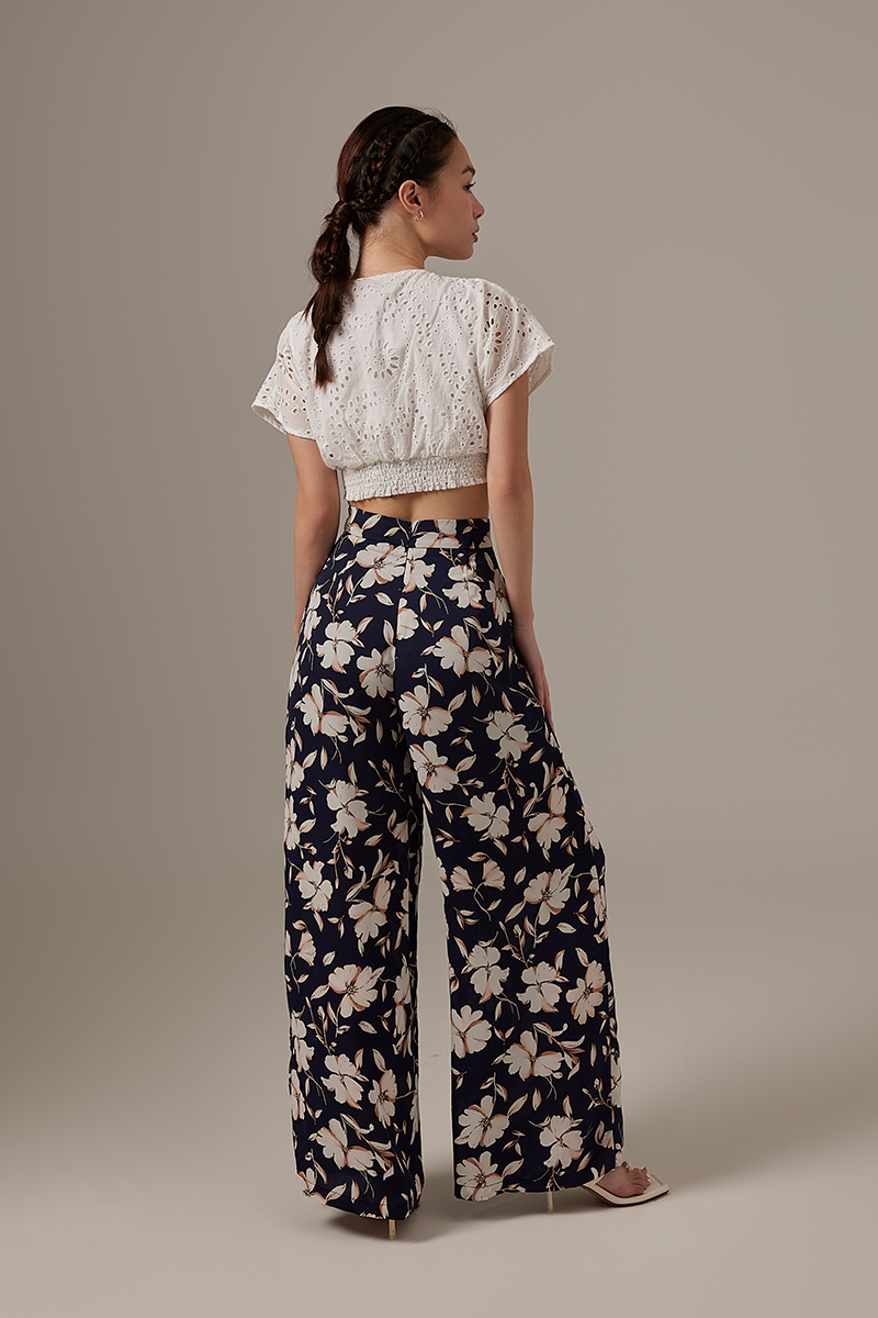 Paula Floral Wide Leg Pants in Navy Blue