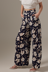 Paula Floral Wide Leg Pants in Navy Blue