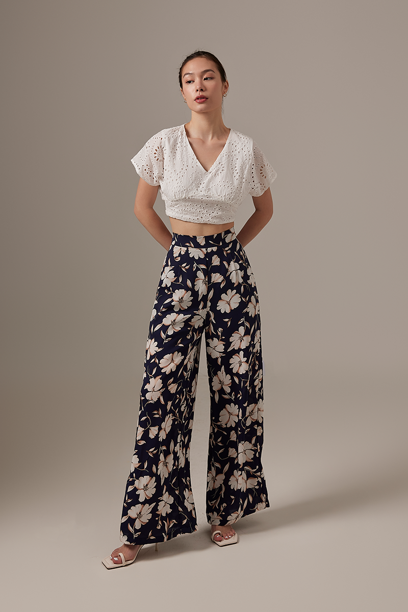 Paula Floral Wide Leg Pants in Navy Blue