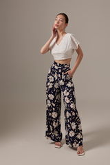 Paula Floral Wide Leg Pants in Navy Blue