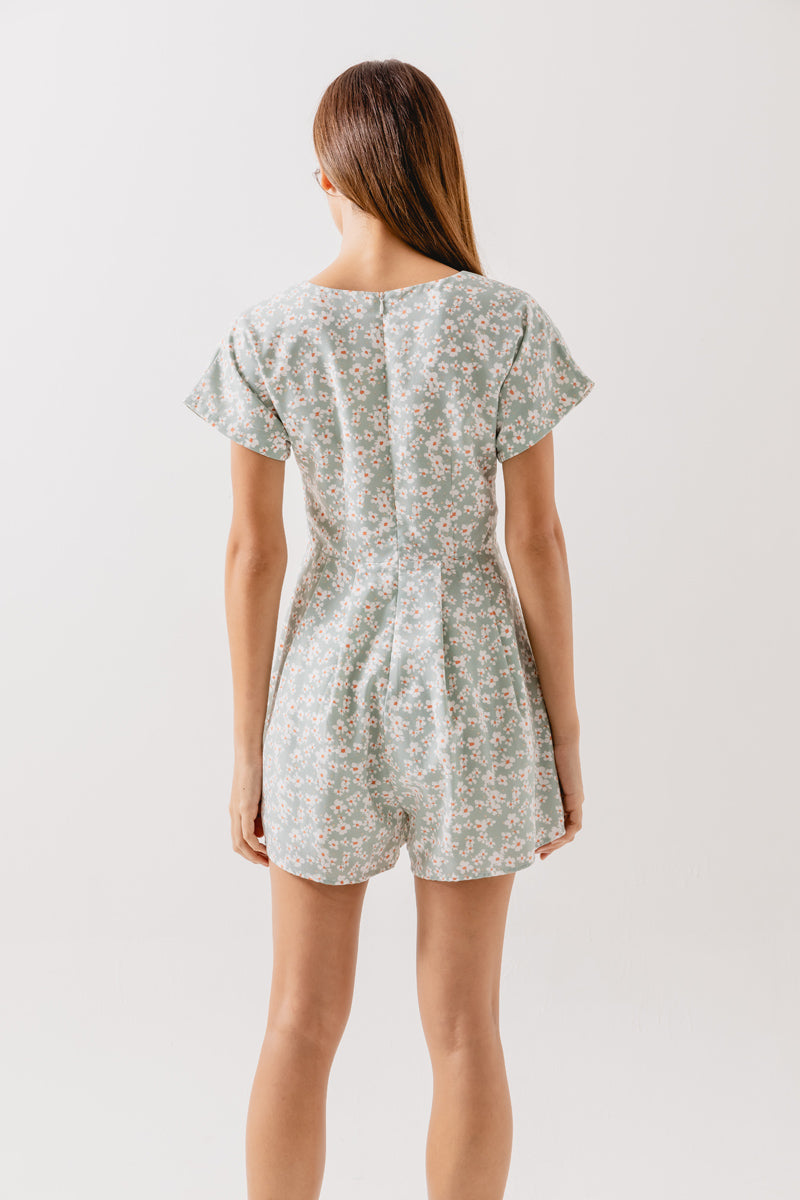Elisa V-Neck Floral Romper in Sage
