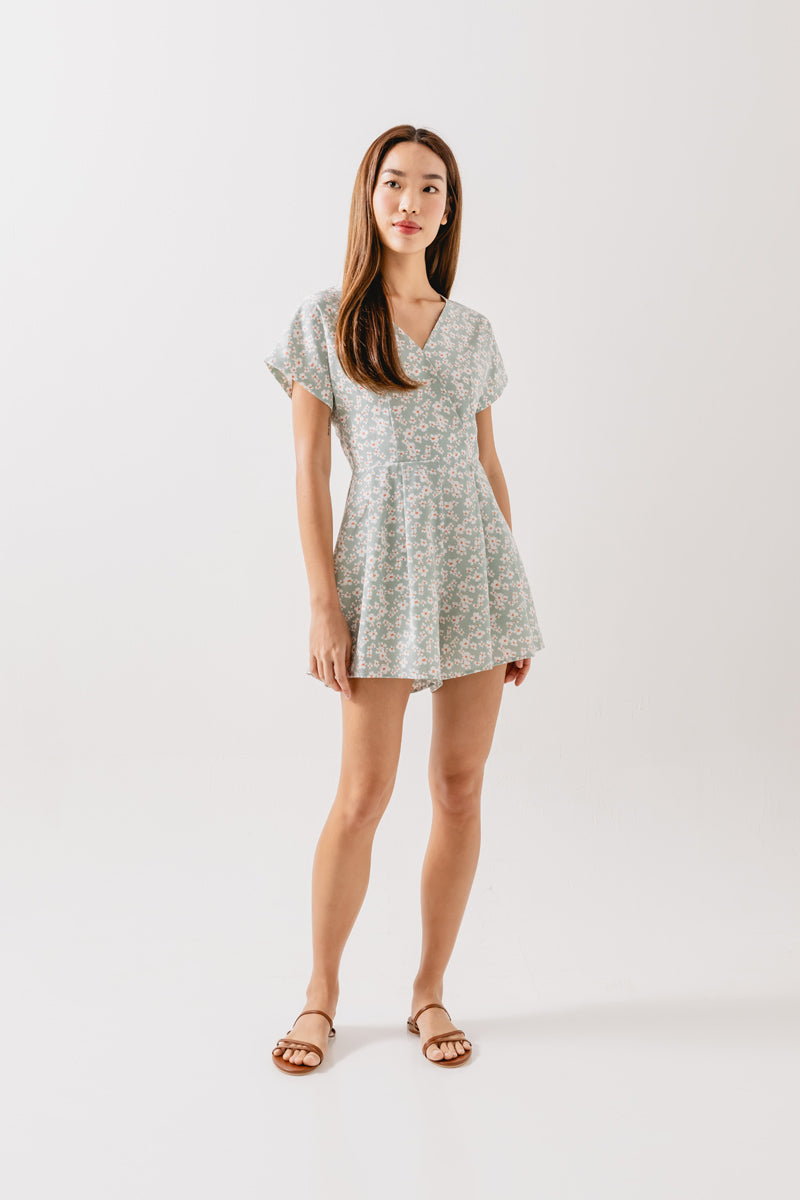 Elisa V-Neck Floral Romper in Sage