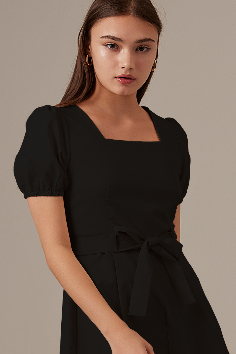 Kelsea Square Neck Ribbon Romper in Black
