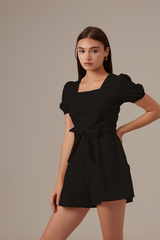 Kelsea Square Neck Ribbon Romper in Black