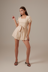 Kelsea Square Neck Ribbon Romper in Sand