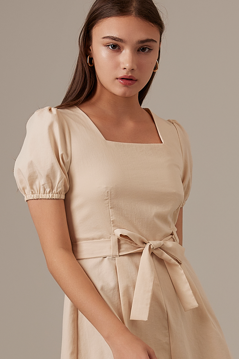 Kelsea Square Neck Ribbon Romper in Sand