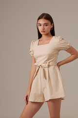 Kelsea Square Neck Ribbon Romper in Sand