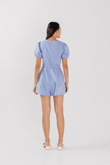 Kelsea Square Neck Ribbon Romper in Light Blue