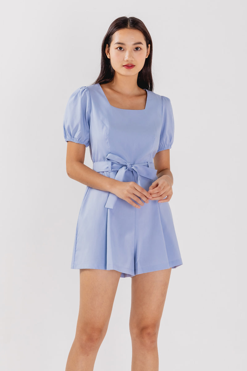 Kelsea Square Neck Ribbon Romper in Light Blue