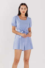 Kelsea Square Neck Ribbon Romper in Light Blue