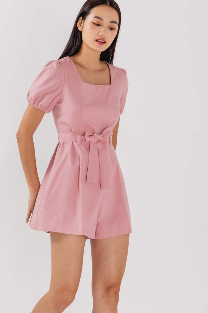 Kelsea Square Neck Ribbon Romper in Pink