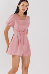 Kelsea Square Neck Ribbon Romper in Pink