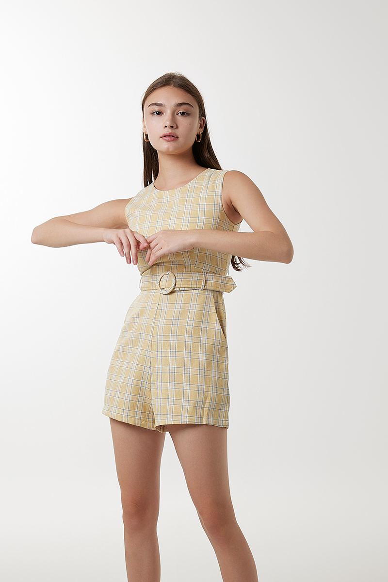 Rosee Plaid Belted Romper in Butter