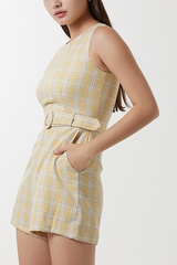 Rosee Plaid Belted Romper in Butter