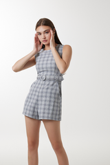 Rosee Plaid Belted Romper in Charcoal