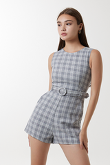 Rosee Plaid Belted Romper in Charcoal