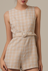 Rosee Plaid Belted Romper in Eggshell