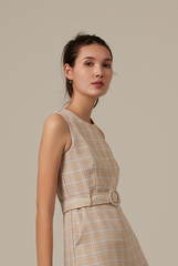 Rosee Plaid Belted Romper in Eggshell