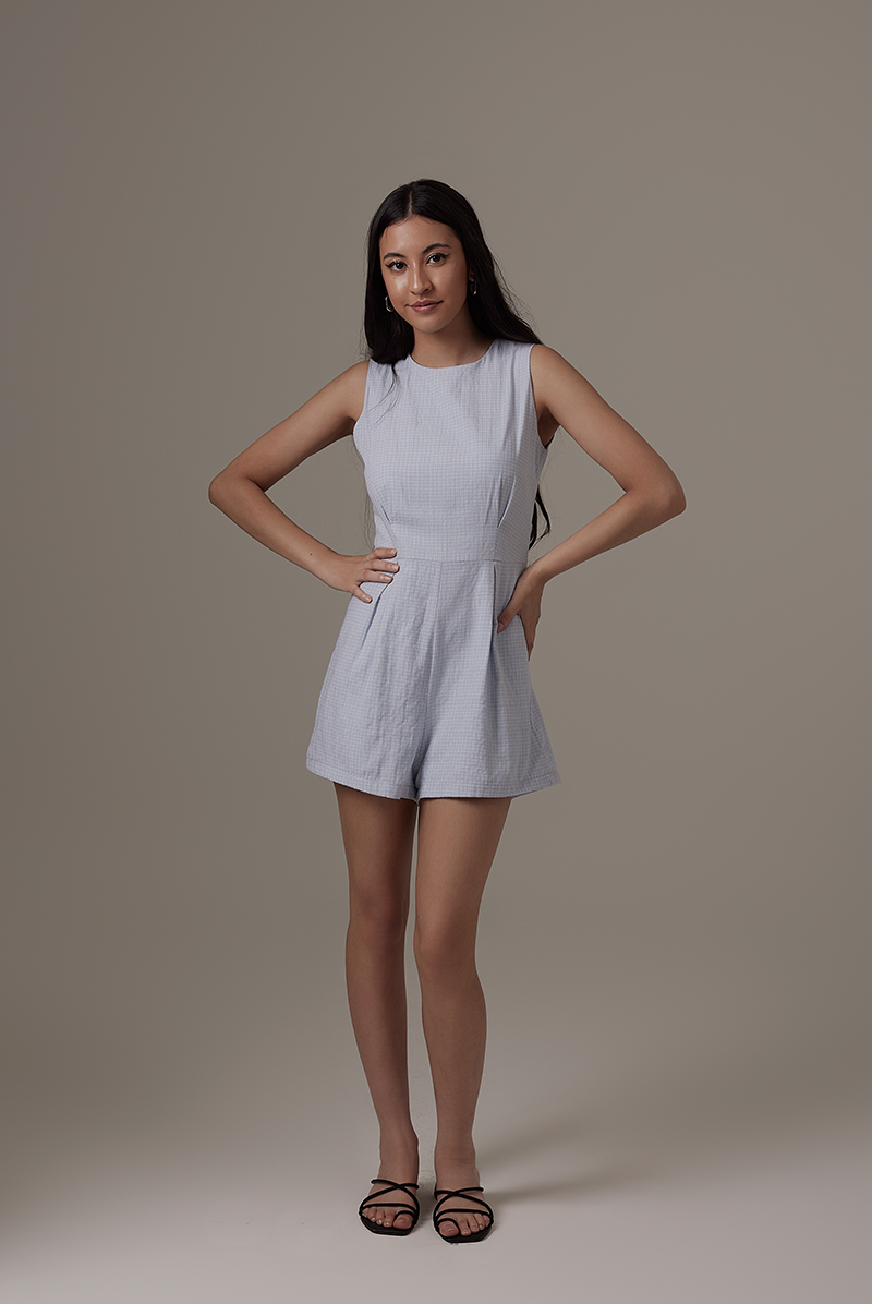 Qusarah Checkered Romper in Light Blue