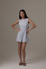 Qusarah Checkered Romper in Light Blue