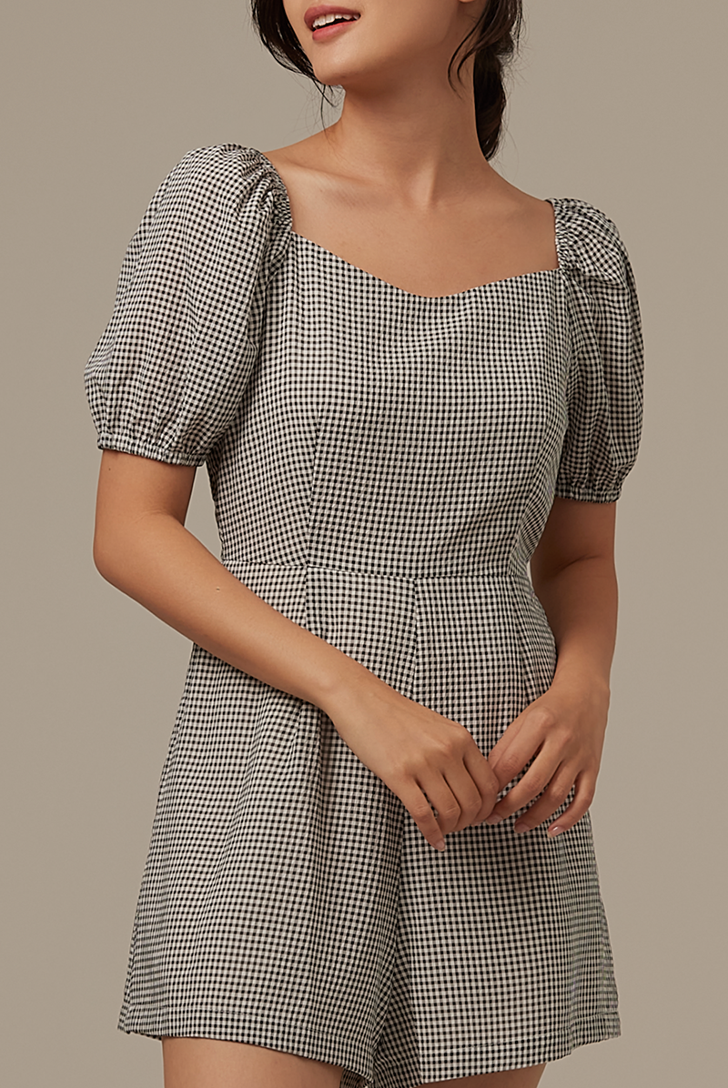 Annie Gingham Romper in Black