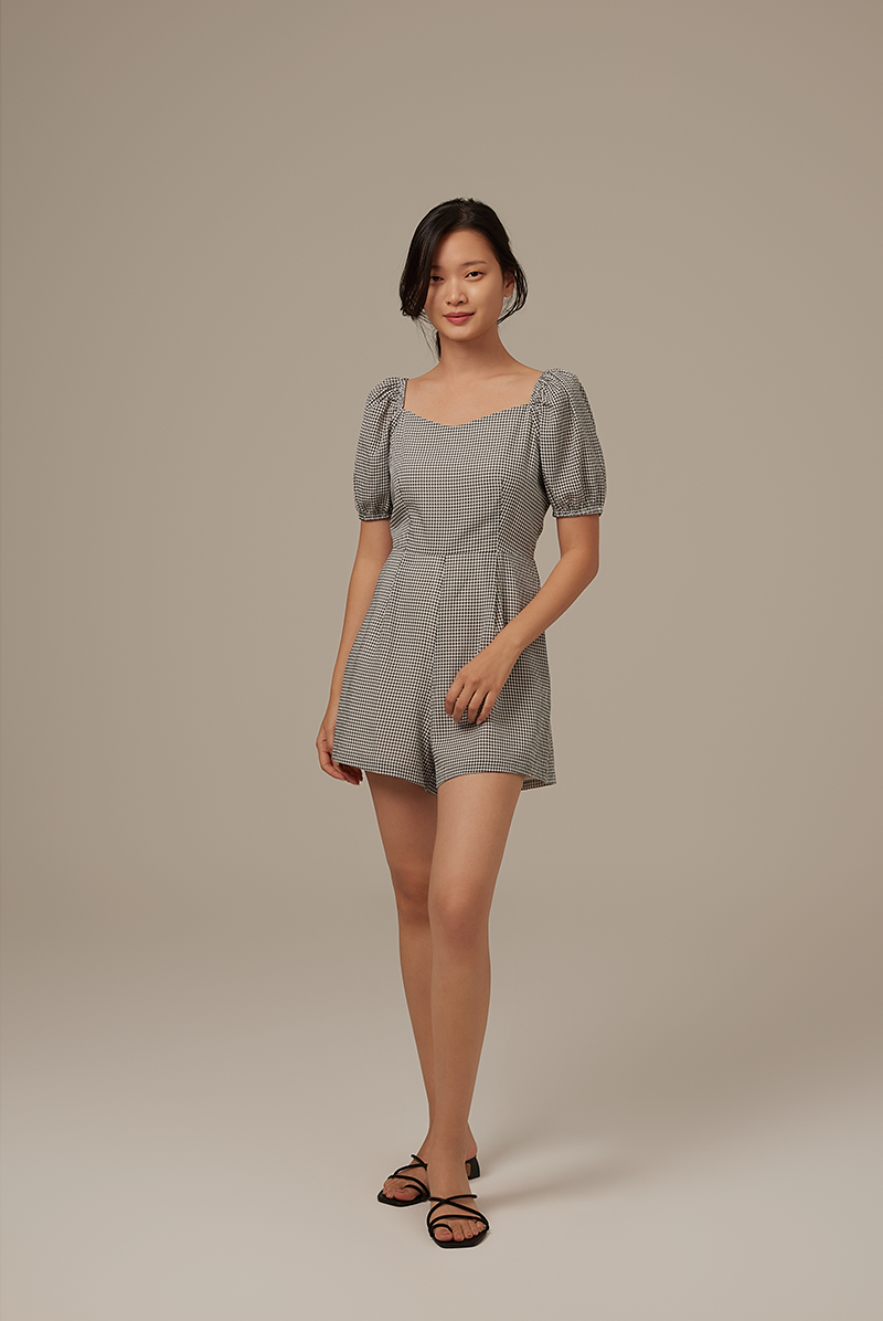 Annie Gingham Romper in Black