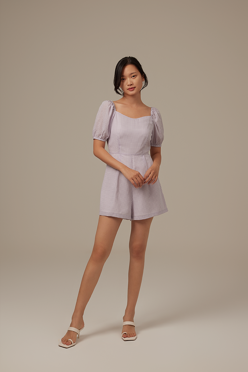 Annie Gingham Romper in Purple