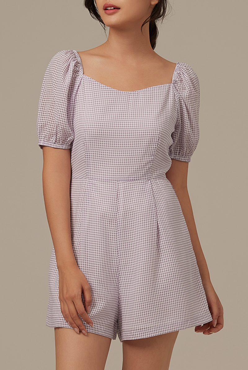 Annie Gingham Romper in Purple