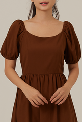Caroline Puff Sleeve Textured Romper in Chocolate