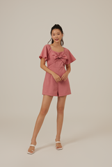 Evie Front Knotted Romper in Cherry