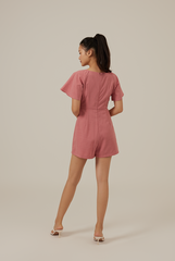 Evie Front Knotted Romper in Cherry