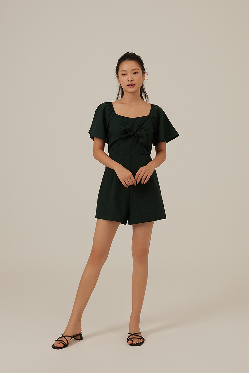 Evie Front Knotted Romper in Pine