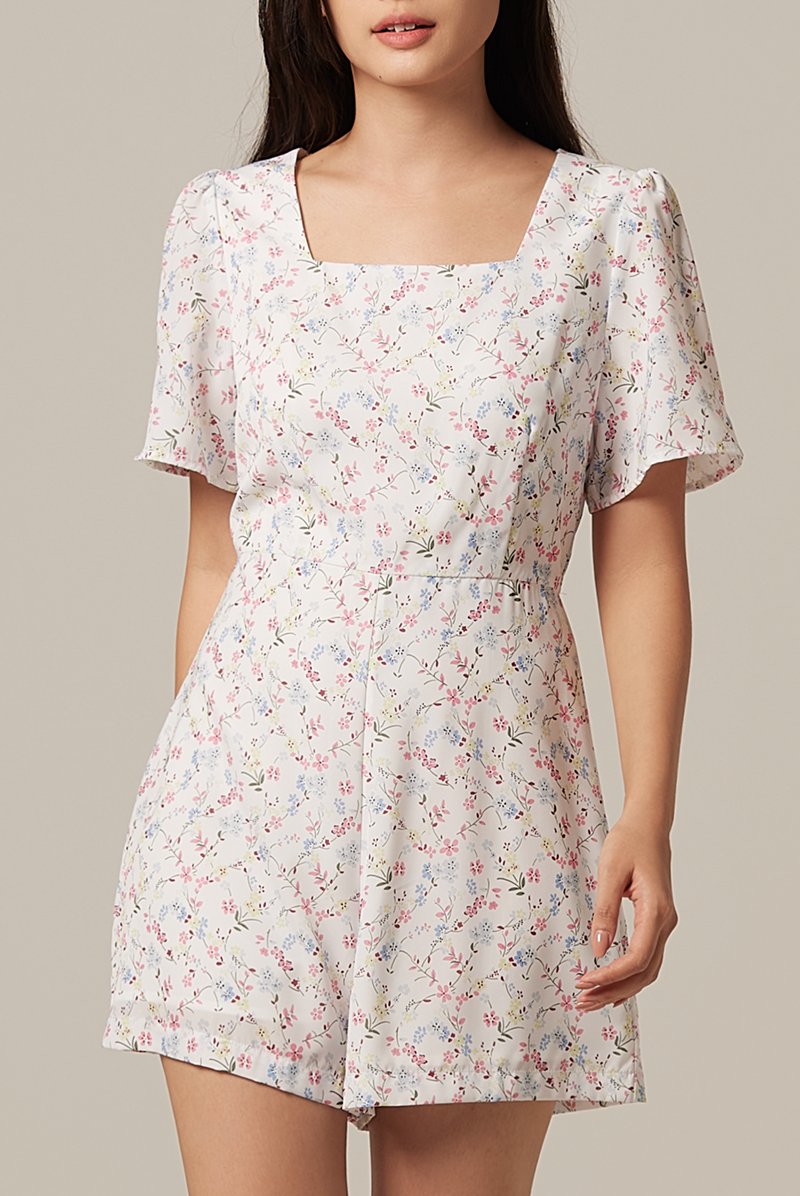 Jolanda Floral Square-Neck Romper in White
