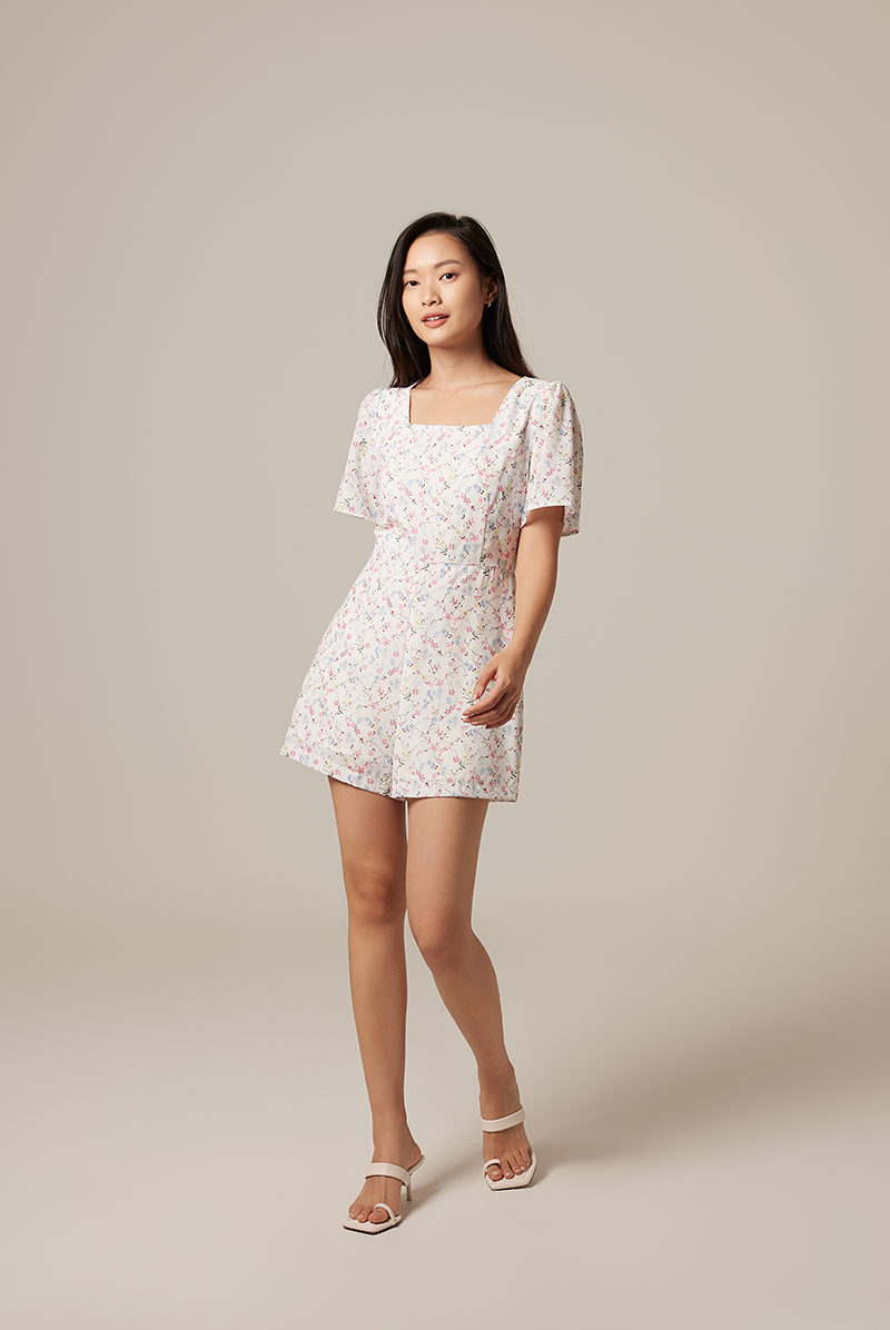 Jolanda Floral Square-Neck Romper in White