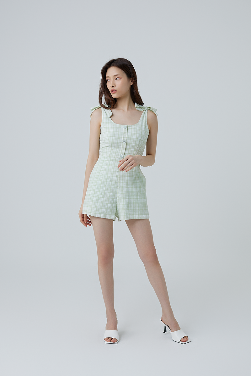 Eberta Gingham Button Front Romper in Mint